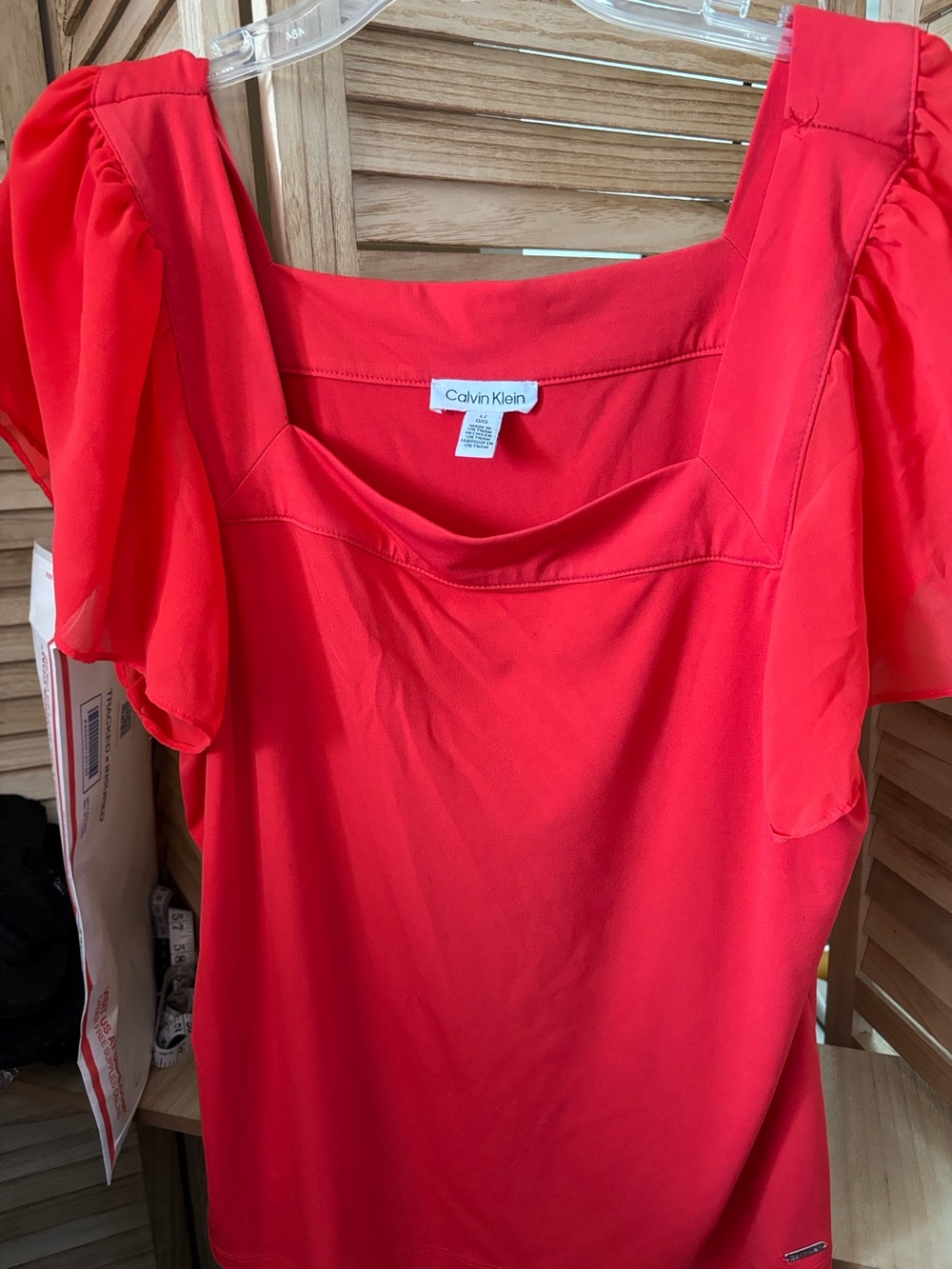 Calvin Klein Red Flutter Sleeve Square Neck Top Large
